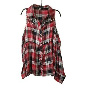 Venus Plaid Cold Shoulder Top Shirt, Sz 6, Button Front, Beaded Faux Pearl